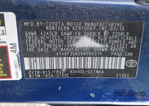 2011 Toyota Camry Le z USA, uszkodzony, nr VIN 4T4BF3EK2BR093314